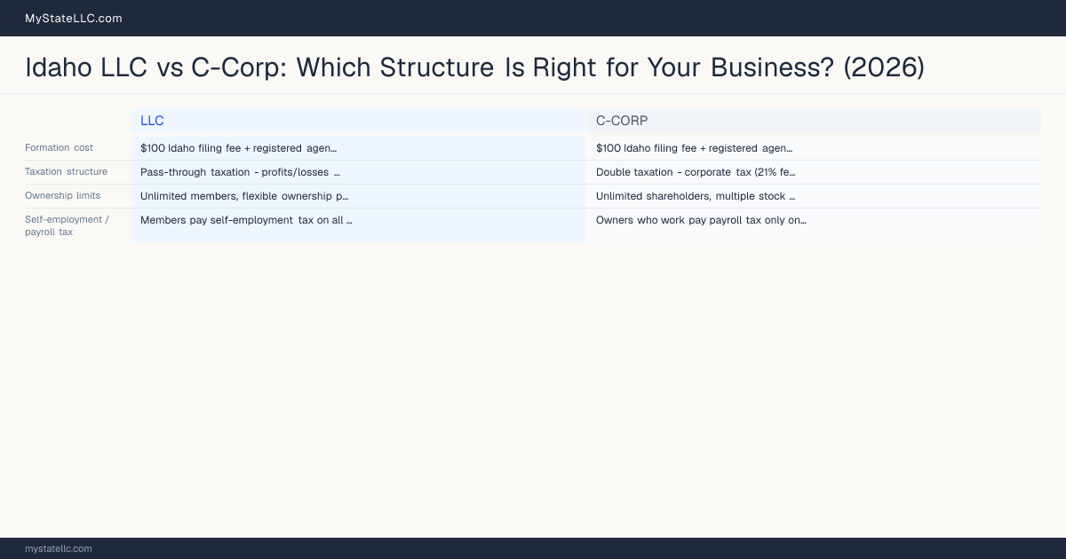 Idaho LLC vs C-Corp: Which Structure Is Right for Your Business? (2026) — comparison chart