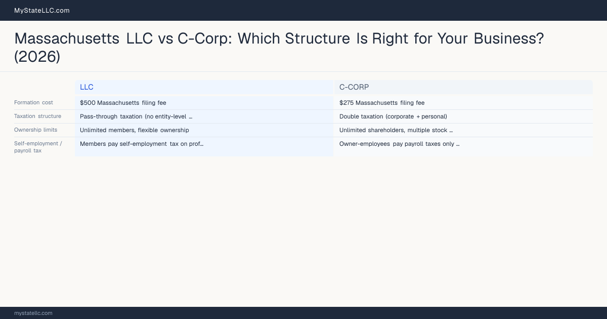 Massachusetts LLC vs C-Corp: Which Structure Is Right for Your Business? (2026) — comparison chart