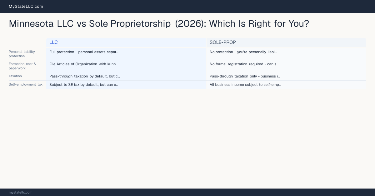 Minnesota LLC vs Sole Proprietorship (2026): Which Is Right for You? — comparison chart