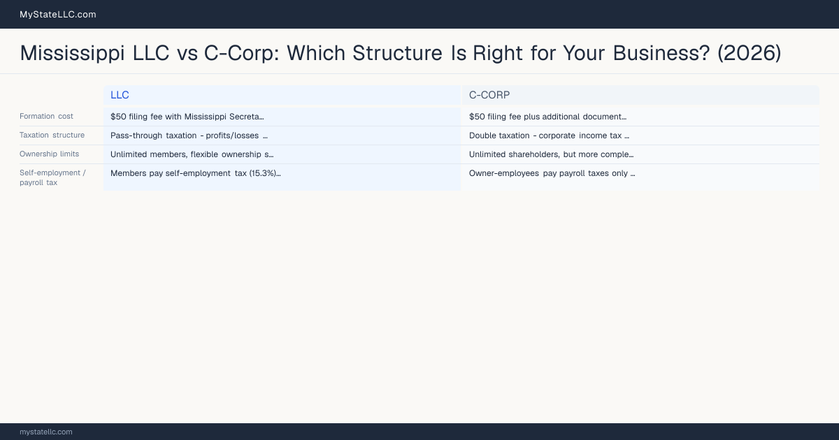 Mississippi LLC vs C-Corp: Which Structure Is Right for Your Business? (2026) — comparison chart