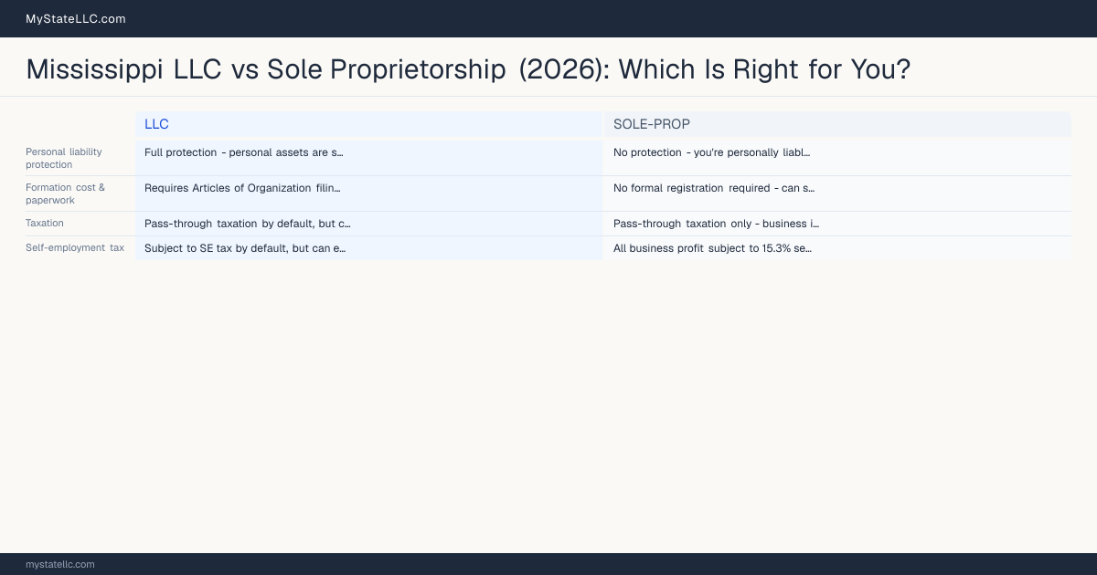 Mississippi LLC vs Sole Proprietorship (2026): Which Is Right for You? — comparison chart