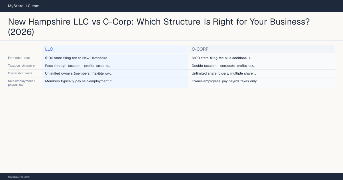 New Hampshire LLC vs C-Corp: Which Structure Is Right for Your Business? (2026) — comparison chart