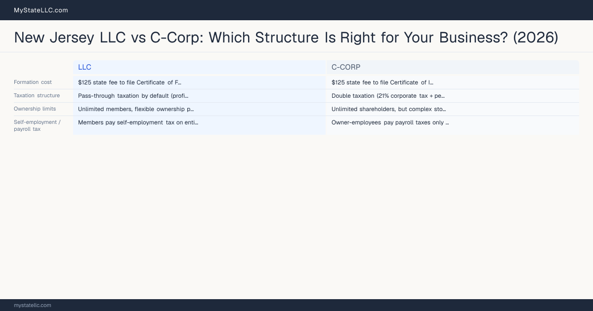 New Jersey LLC vs C-Corp: Which Structure Is Right for Your Business? (2026) — comparison chart