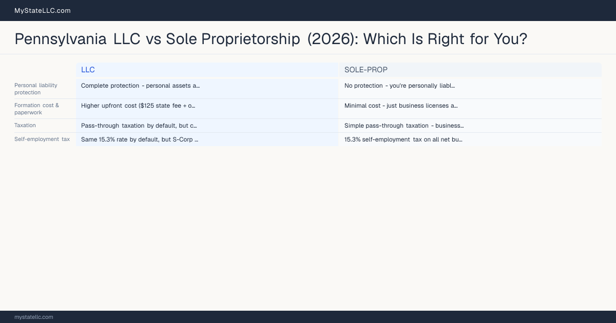 Pennsylvania LLC vs Sole Proprietorship (2026): Which Is Right for You? — comparison chart