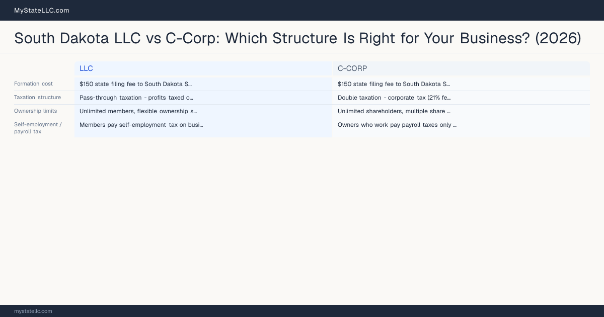 South Dakota LLC vs C-Corp: Which Structure Is Right for Your Business? (2026) — comparison chart