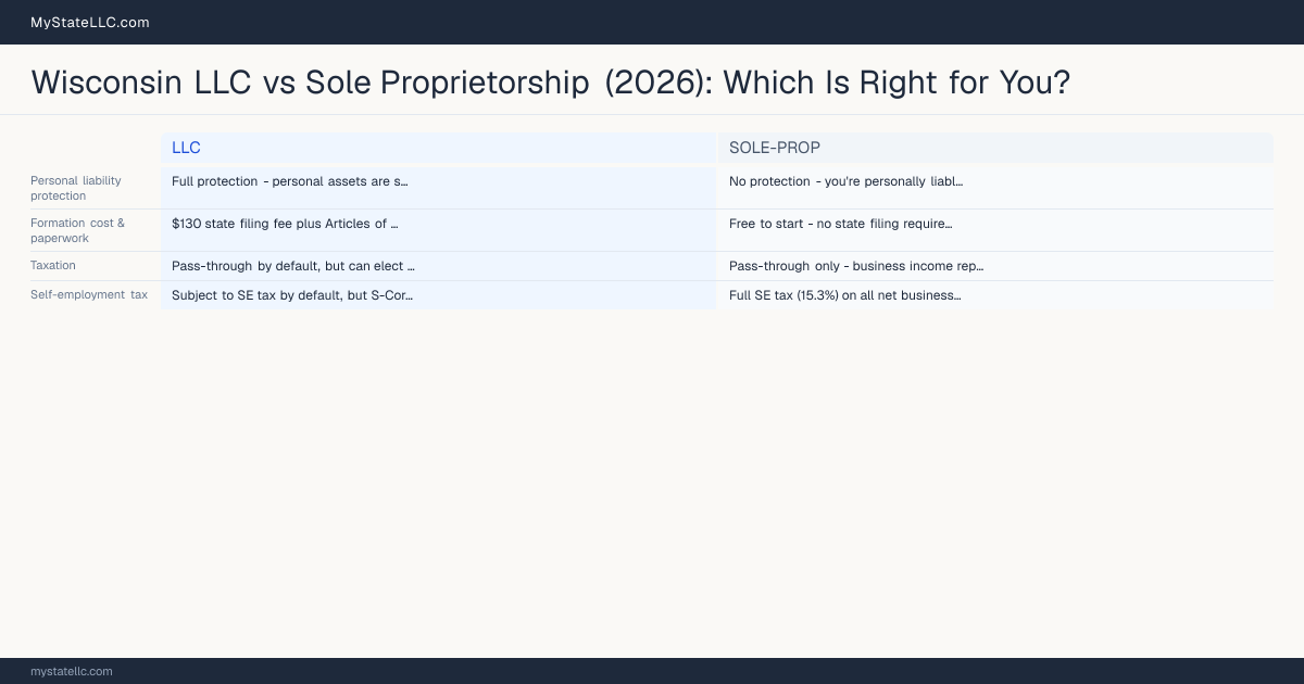 Wisconsin LLC vs Sole Proprietorship (2026): Which Is Right for You? — comparison chart