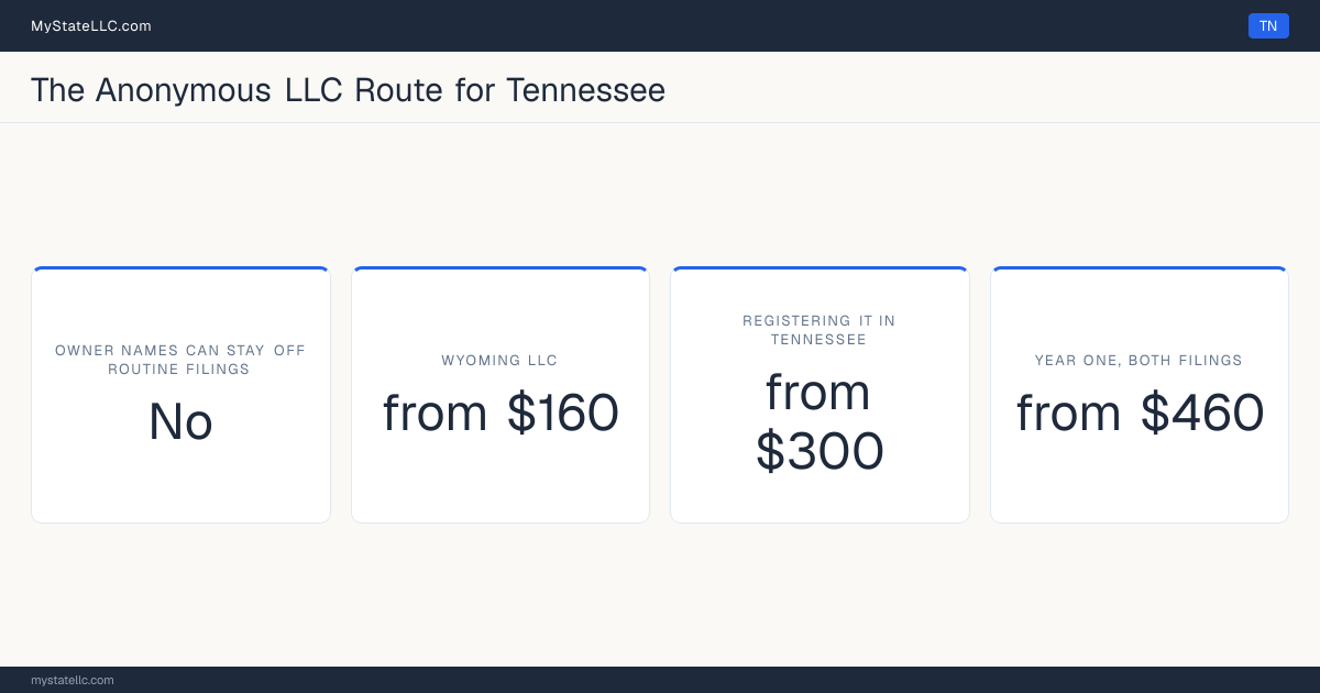 Cost card for the two-LLC route in Tennessee, which does not keep all member and manager names off public filings: a Wyoming LLC costs from $160 in year one, registering it into Tennessee as a foreign LLC costs from $300, and the two filings together come to at least $460.