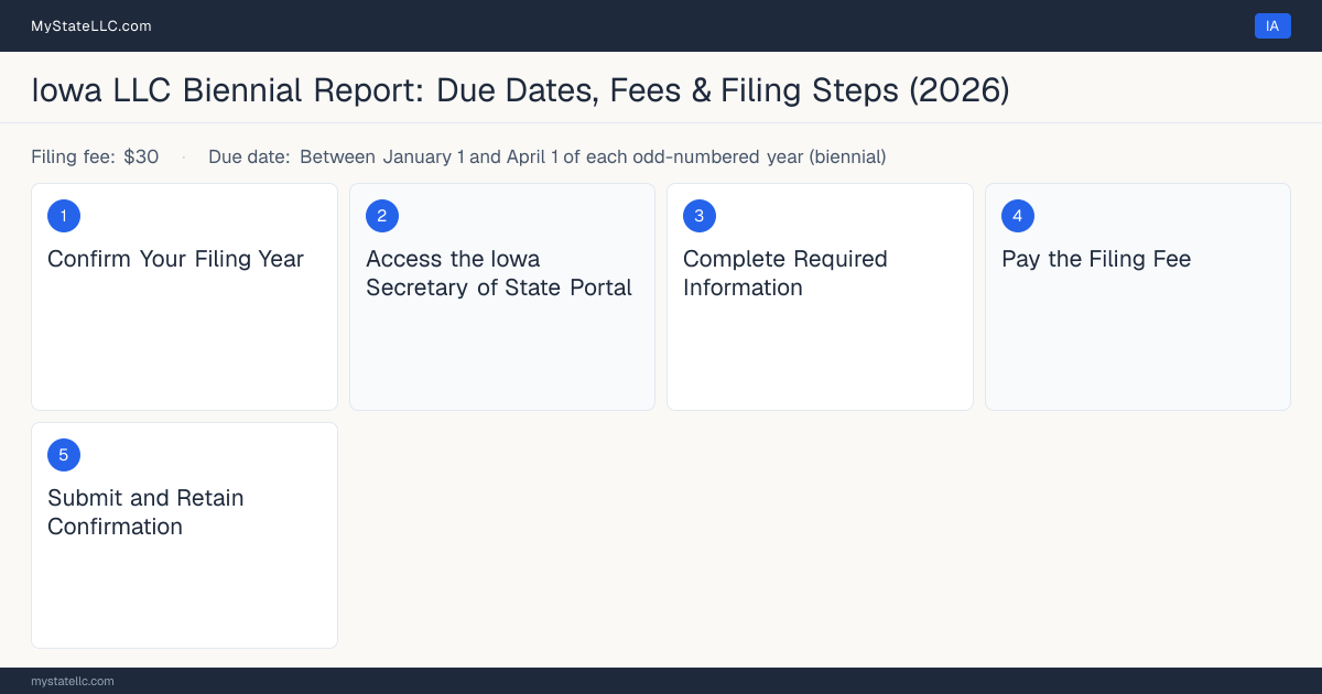 Step diagram for filing the Iowa LLC annual report, $30 online, $45 paper (biennial) filing fee, due Between January 1 and April 1 of each o….