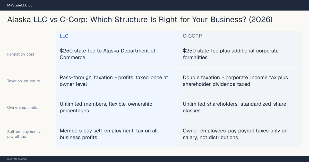 Comparison chart for Alaska LLC versus C-Corp, contrasting liability, taxation and ongoing filing burden across 8 factors.