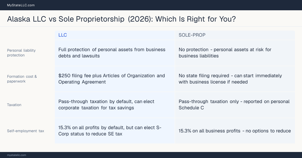 Comparison chart for Alaska LLC versus Sole Proprietorship, contrasting liability, taxation and ongoing filing burden across 8 factors.