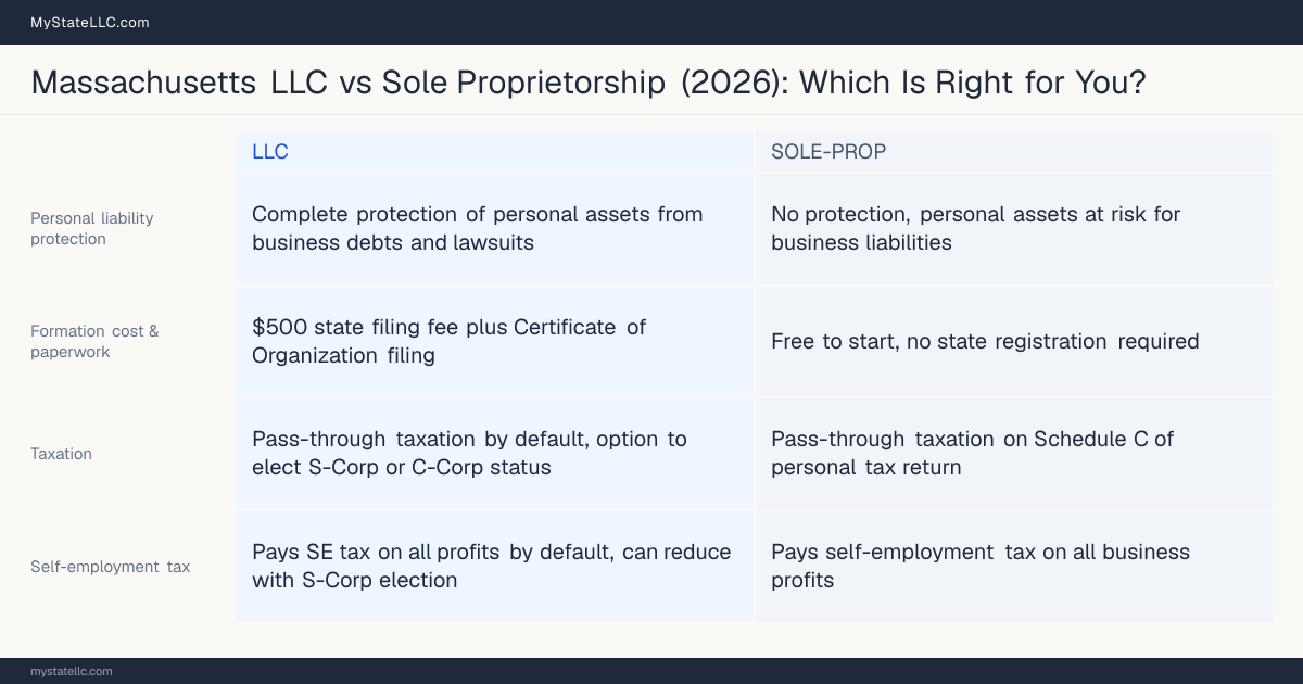 Comparison chart for Massachusetts LLC versus Sole Proprietorship, contrasting liability, taxation and ongoing filing burden across 8 factors.