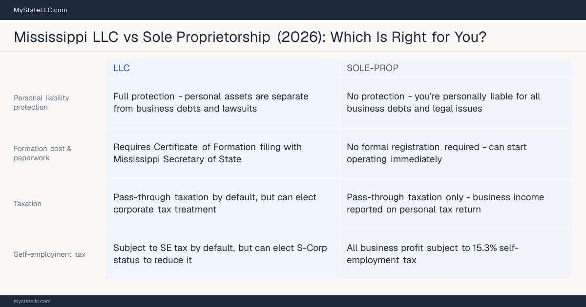 Comparison chart for Mississippi LLC versus Sole Proprietorship, contrasting liability, taxation and ongoing filing burden across 8 factors.