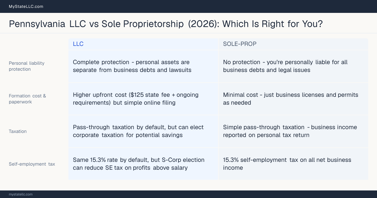 Comparison chart for Pennsylvania LLC versus Sole Proprietorship, contrasting liability, taxation and ongoing filing burden across 8 factors.
