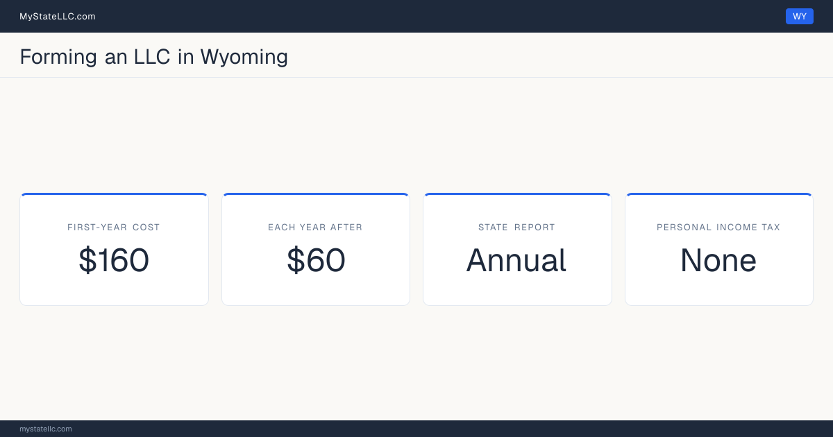 Key LLC facts for Wyoming: $160 minimum first-year cost, $60 each year after, an annual state report, and no personal income tax. In Wyoming, members are not named in the public formation filing.