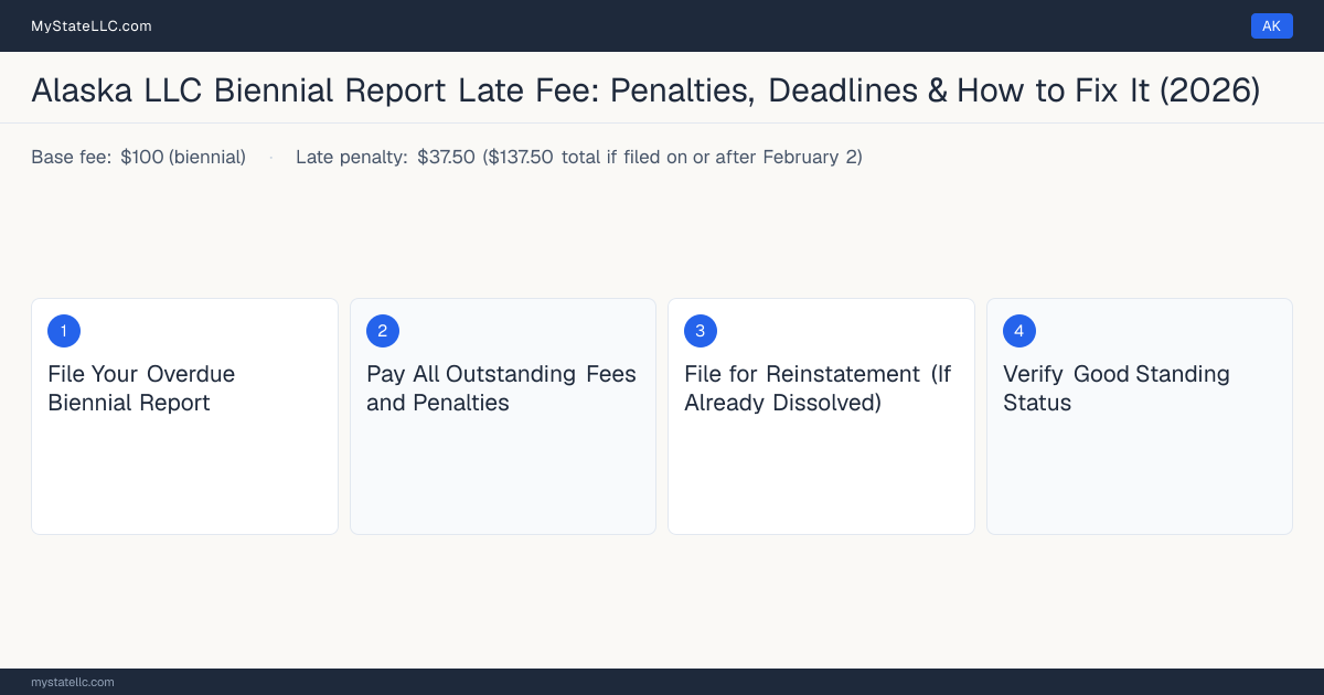 Step diagram for fixing a late LLC annual report in Alaska, $37.50 ($137.50 total if filed on or after February 2) late penalty, report due January 2 (biennial).