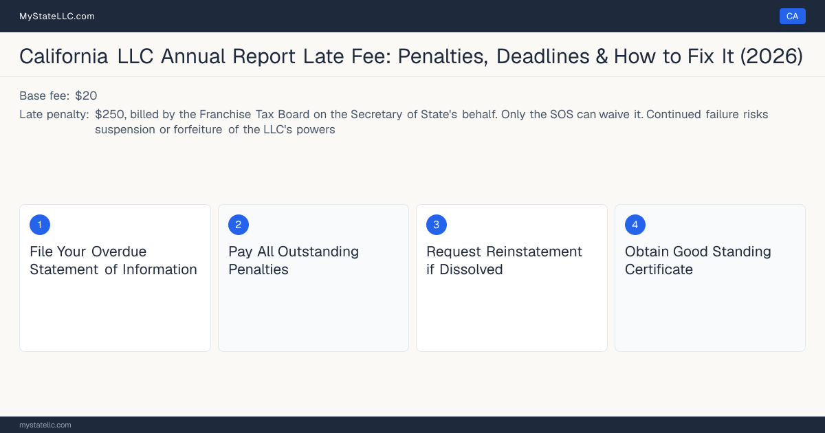 Step diagram for fixing a late LLC annual report in California, $250, billed by the Franchise Tax Board on the Secretary of… late penalty, report due Biennial, in the anniversary month plus….