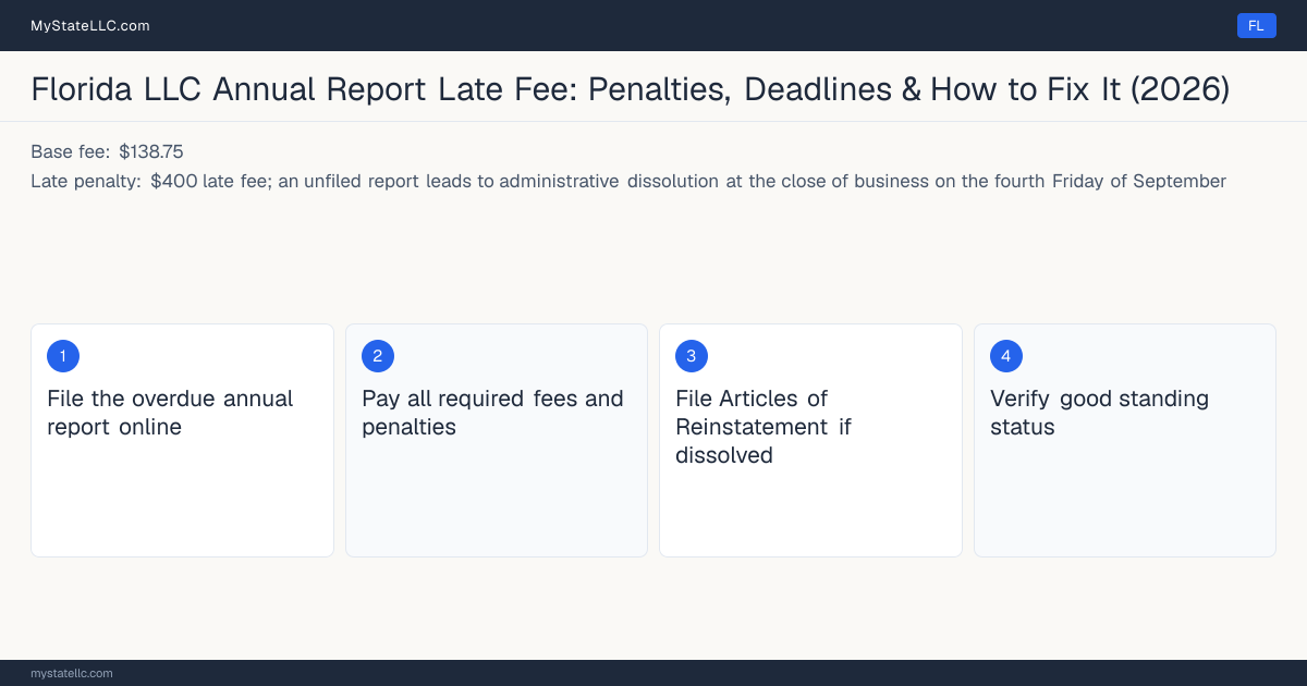 Step diagram for fixing a late LLC annual report in Florida, $400 late fee late penalty, report due May 1.