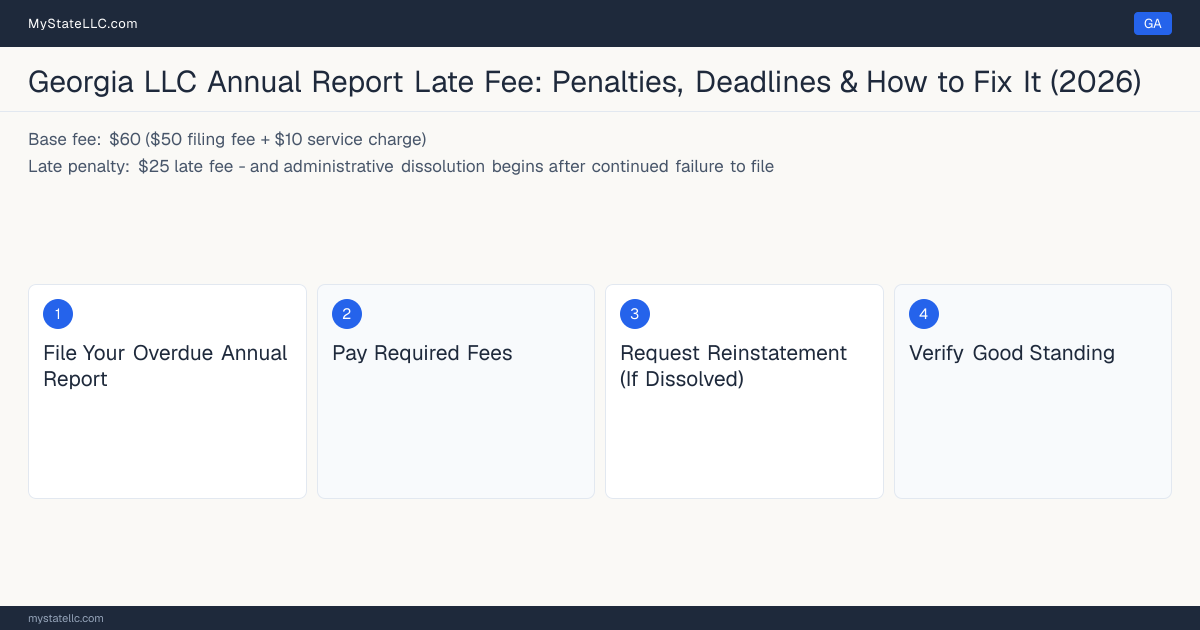 Step diagram for fixing a late LLC annual report in Georgia, $25 late fee - and administrative dissolution begins after… late penalty, report due April 1.