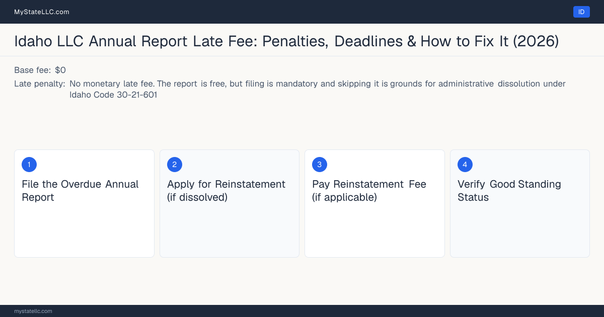 Step diagram for fixing a late LLC annual report in Idaho, No monetary late fee late penalty, report due Anniversary month of formation.
