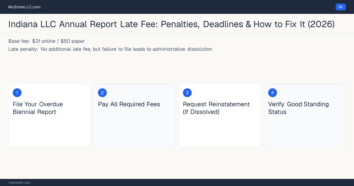 Step diagram for fixing a late LLC annual report in Indiana, No additional late fee, but failure to file leads to admini… late penalty, report due Anniversary month, every second year.