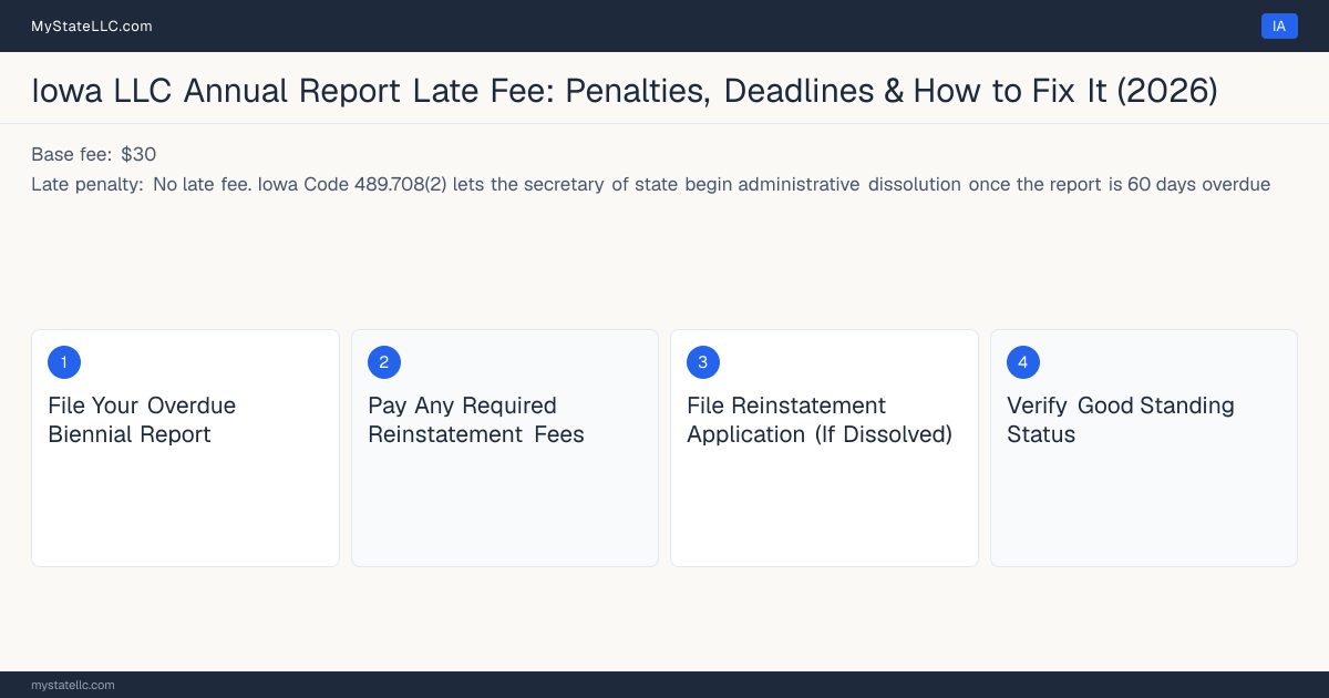 Step diagram for fixing a late LLC annual report in Iowa, No late fee late penalty, report due Between January 1 and April 1 of each o….