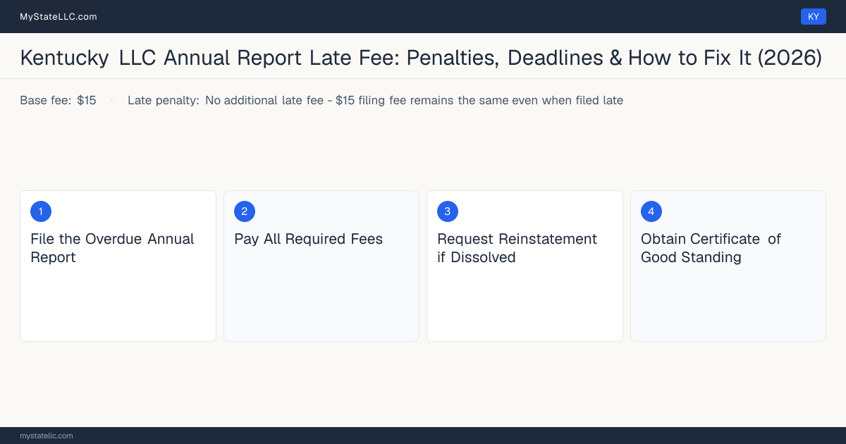 Step diagram for fixing a late LLC annual report in Kentucky, No additional late fee - $15 filing fee remains the same ev… late penalty, report due June 30.