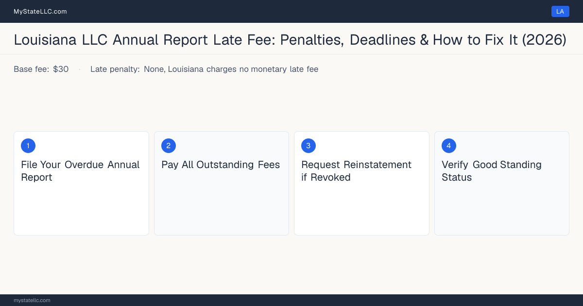 Step diagram for fixing a late LLC annual report in Louisiana, None, Louisiana charges no monetary late fee late penalty, report due Anniversary date of LLC formation.
