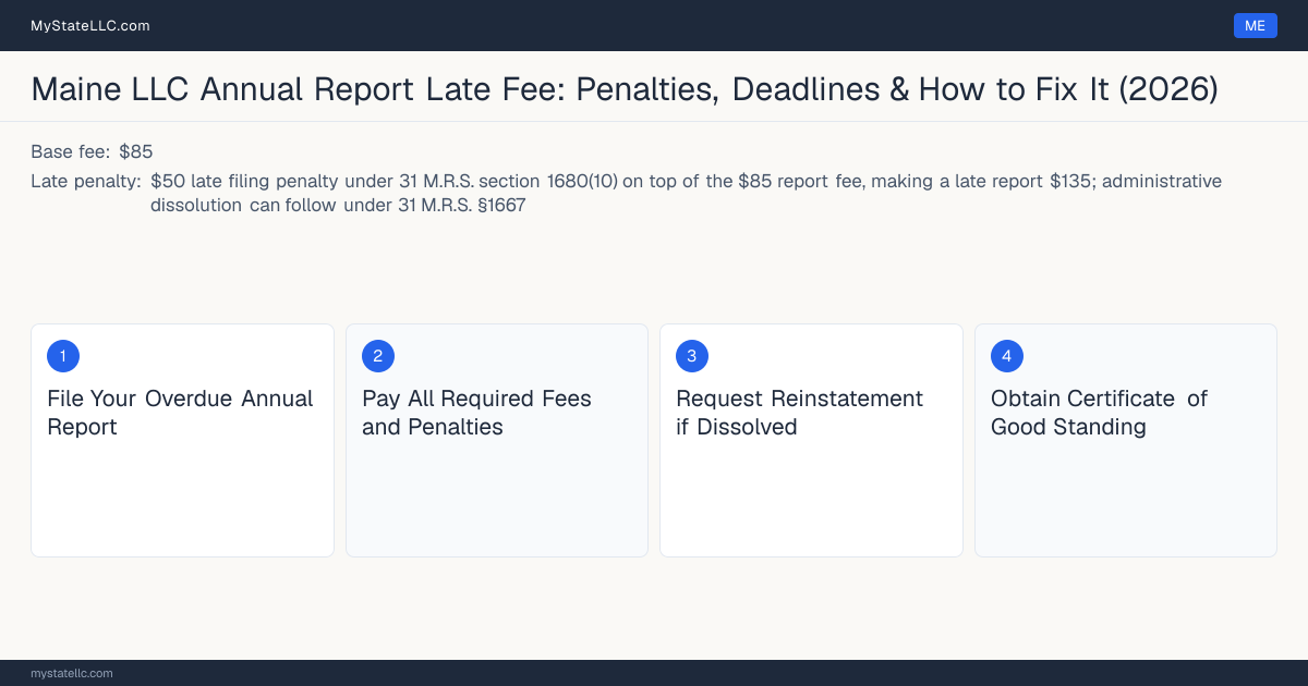 Step diagram for fixing a late LLC annual report in Maine, $50 late filing penalty under 31 M.R.S late penalty, report due June 1.