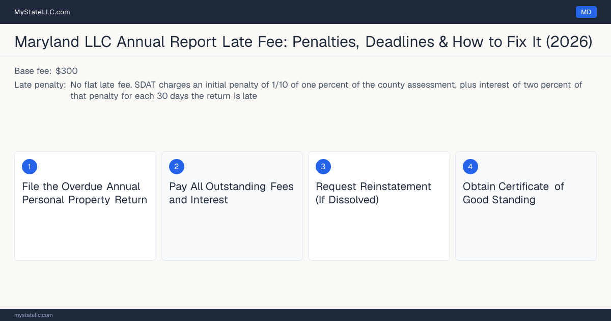 Step diagram for fixing a late LLC annual report in Maryland, No flat late fee late penalty, report due April 15.