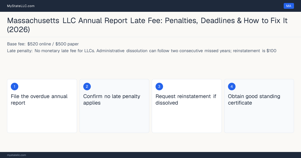 Step diagram for fixing a late LLC annual report in Massachusetts, No monetary late fee for LLCs late penalty, report due The anniversary date of the filing of t….