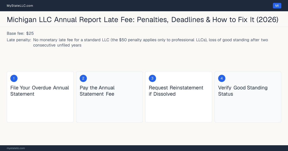 Step diagram for fixing a late LLC annual report in Michigan, No monetary late fee for a standard LLC (the $50 penalty ap… late penalty, report due February 15.