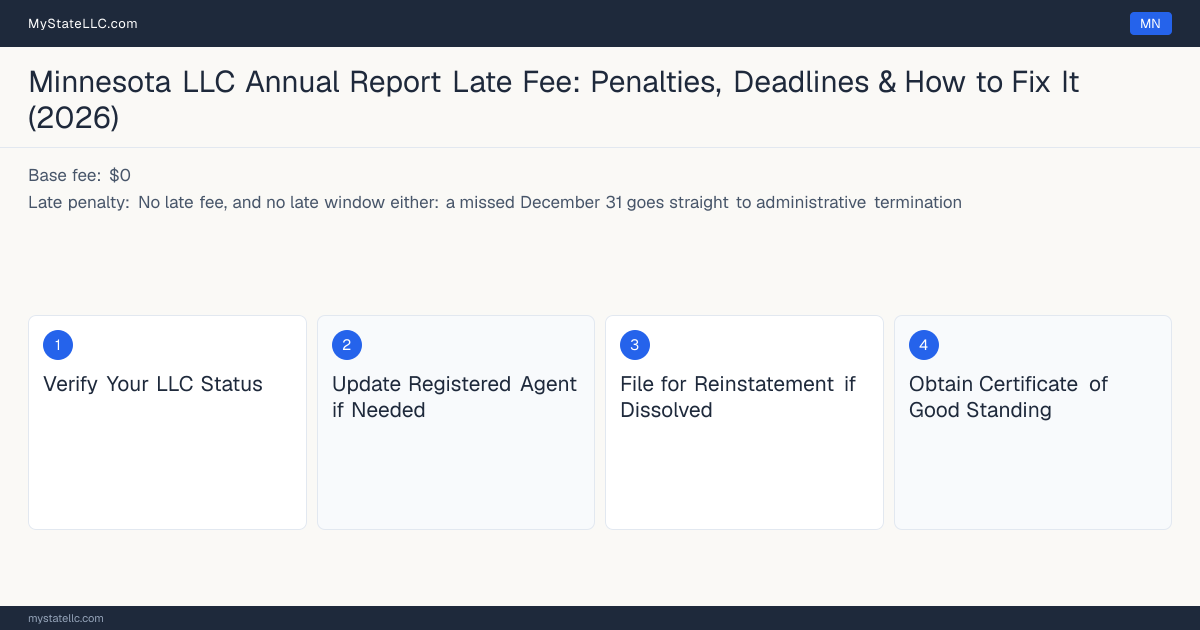 Step diagram for fixing a late LLC annual report in Minnesota, No late fee, and no late window either: a missed December 3… late penalty, report due December 31.