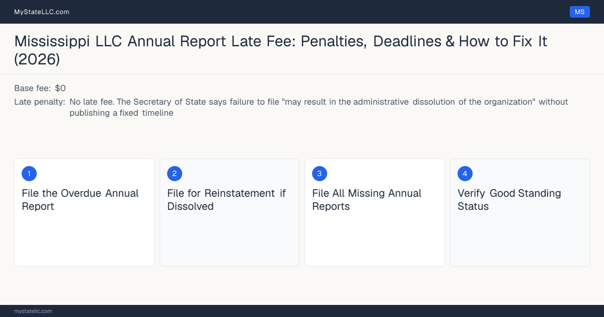 Step diagram for fixing a late LLC annual report in Mississippi, No late fee late penalty, report due April 15.