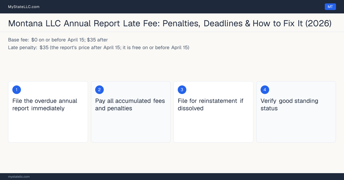 Step diagram for fixing a late LLC annual report in Montana, $35 (the report's price after April 15 late penalty, report due April 15.