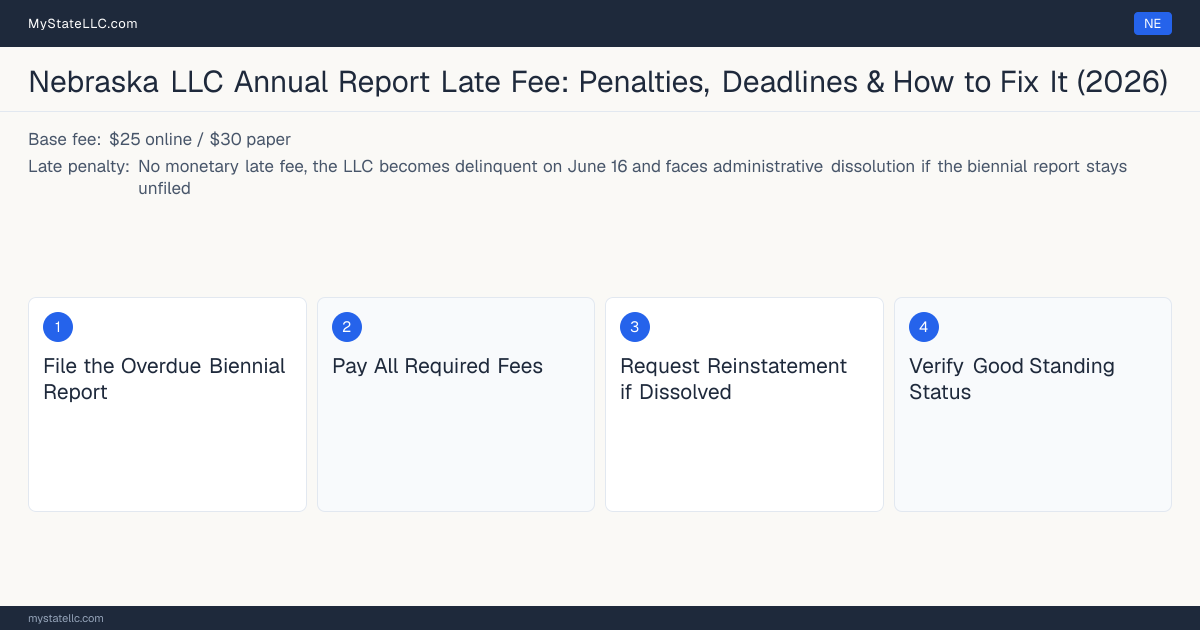 Step diagram for fixing a late LLC annual report in Nebraska, No monetary late fee, the LLC becomes delinquent on June 16… late penalty, report due April 1 (biennial, odd years).