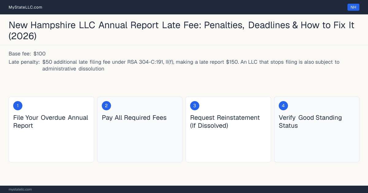 Step diagram for fixing a late LLC annual report in New Hampshire, $50 additional late filing fee under RSA 304-C:191, II(f),… late penalty, report due April 1.