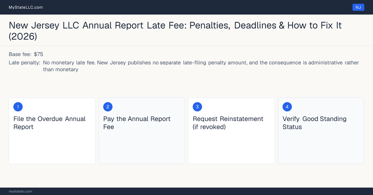 Step diagram for fixing a late LLC annual report in New Jersey, No monetary late fee late penalty, report due Anniversary month.