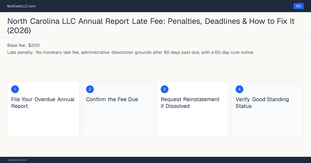 Step diagram for fixing a late LLC annual report in North Carolina, No monetary late fee, administrative dissolution grounds af… late penalty, report due April 15.