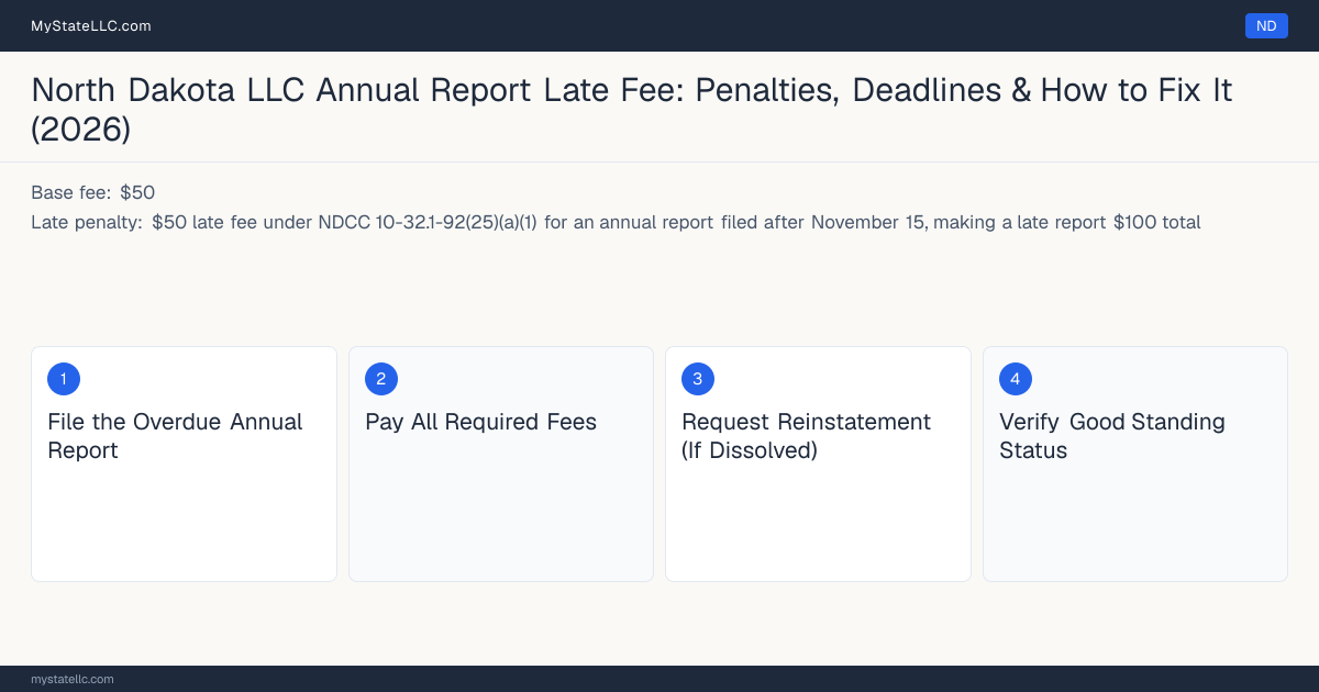 Step diagram for fixing a late LLC annual report in North Dakota, $50 late fee under NDCC 10-32.1-92(25)(a)(1) for an annual… late penalty, report due November 15.