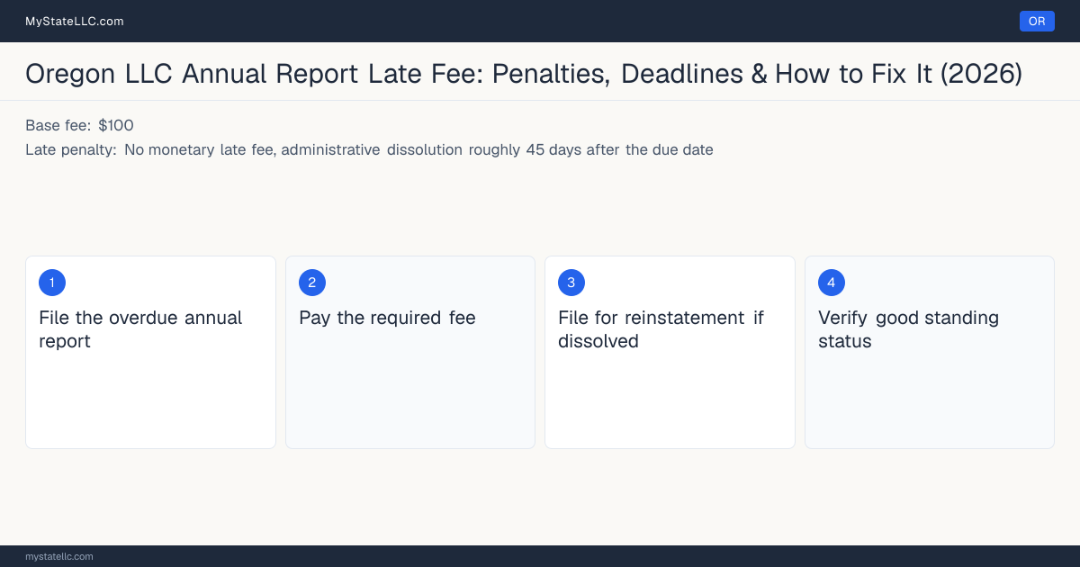 Step diagram for fixing a late LLC annual report in Oregon, No monetary late fee, administrative dissolution roughly 45… late penalty, report due Your LLC's anniversary, the day each ye….