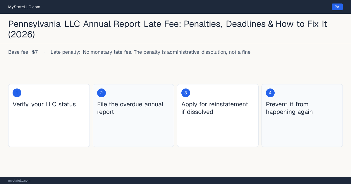 Step diagram for fixing a late LLC annual report in Pennsylvania, No monetary late fee late penalty, report due September 30 each year (filing window o….