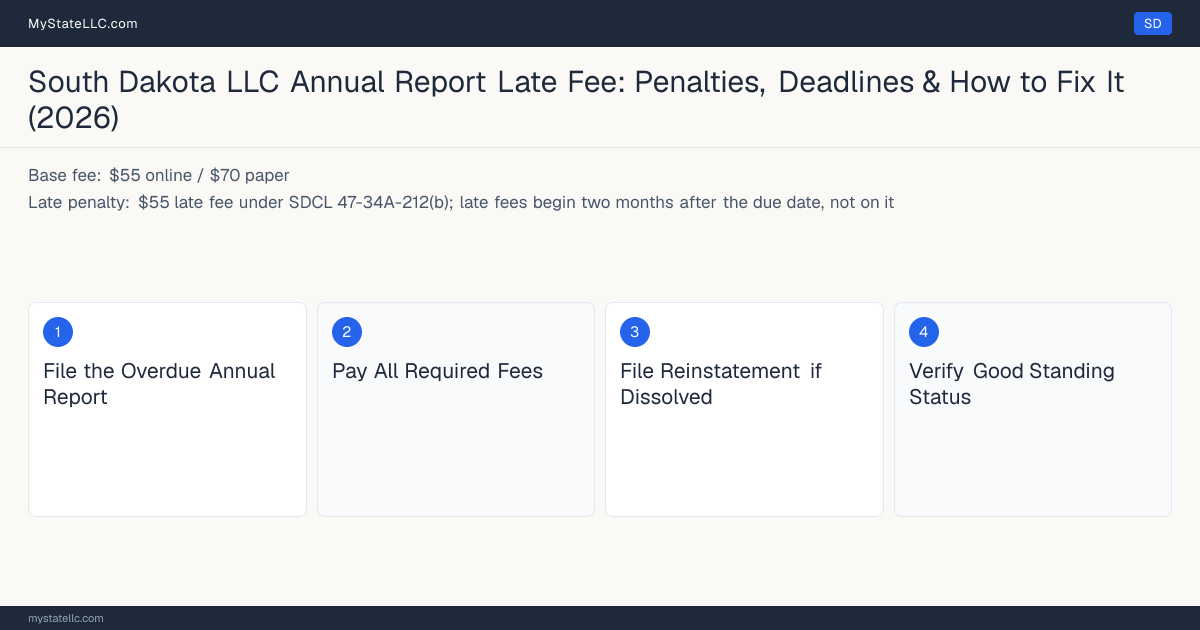Step diagram for fixing a late LLC annual report in South Dakota, $55 late fee under SDCL 47-34A-212(b) late penalty, report due Anniversary month.