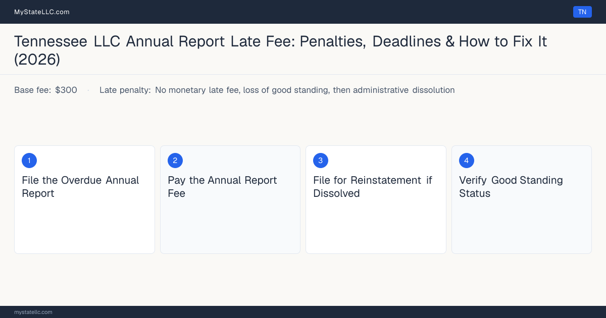 Step diagram for fixing a late LLC annual report in Tennessee, No monetary late fee, loss of good standing, then administr… late penalty, report due April 1.