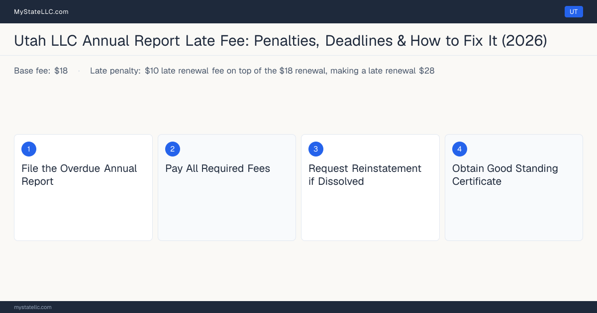 Step diagram for fixing a late LLC annual report in Utah, $10 late renewal fee on top of the $18 renewal, making a la… late penalty, report due Anniversary month.