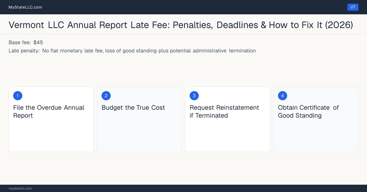 Step diagram for fixing a late LLC annual report in Vermont, No flat monetary late fee, loss of good standing plus poten… late penalty, report due Within 3 months of fiscal year end (Mar….