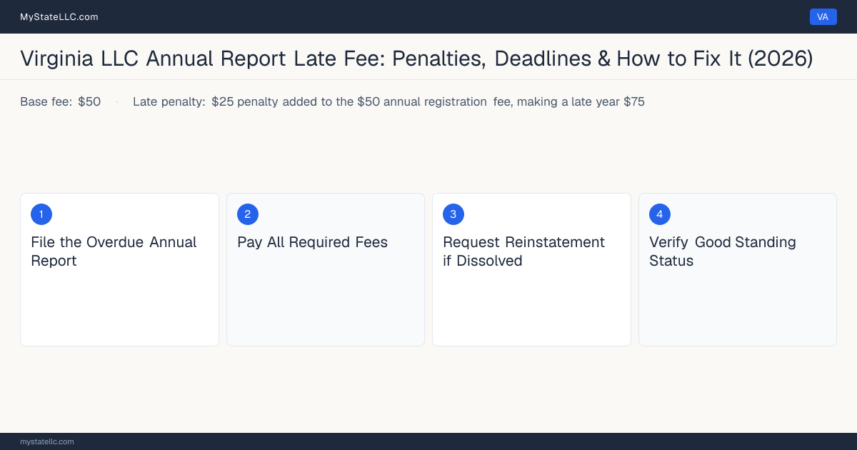 Step diagram for fixing a late LLC annual report in Virginia, $25 penalty added to the $50 annual registration fee, makin… late penalty, report due Last day of anniversary month.