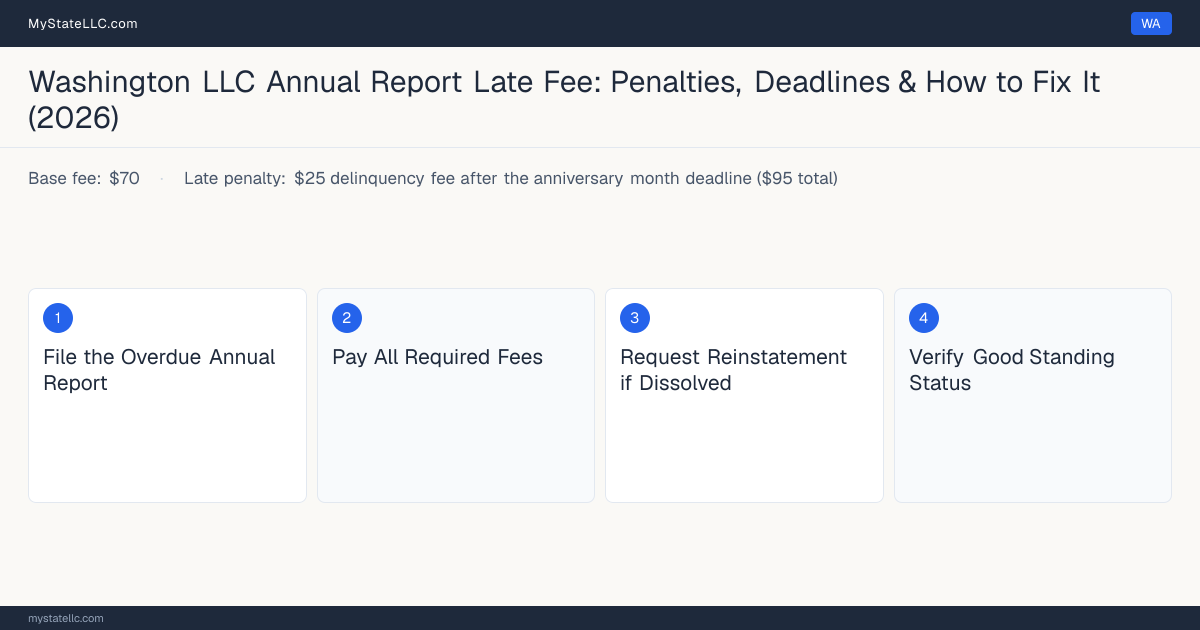 Step diagram for fixing a late LLC annual report in Washington, $25 delinquency fee after the anniversary month deadline ($… late penalty, report due Last day of anniversary month.
