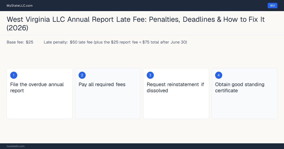 Step diagram for fixing a late LLC annual report in West Virginia, $50 late fee (plus the $25 report fee = $75 total after Jun… late penalty, report due June 30 (window opens Jan 1).