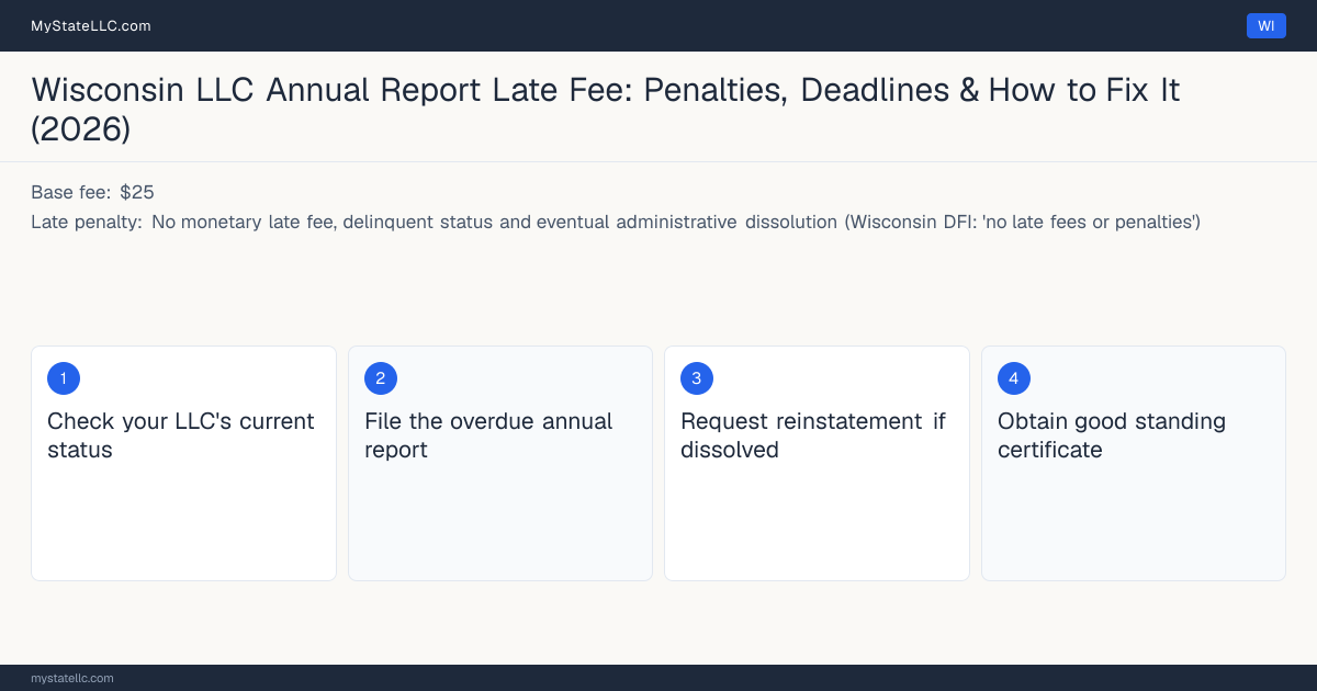Step diagram for fixing a late LLC annual report in Wisconsin, No monetary late fee, delinquent status and eventual admini… late penalty, report due Anniversary quarter.