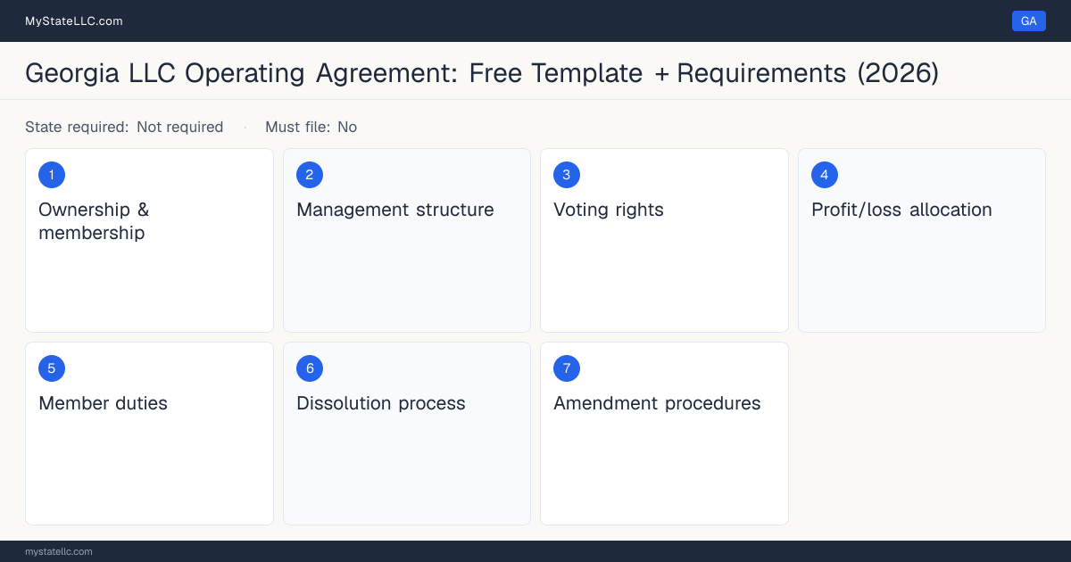 Key sections of a Georgia LLC operating agreement, listing the 7 provisions the document should cover.